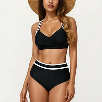 Women's 2 pc Set Contrast Trim Bikini Top with High Waisted Bottom Swim Set