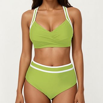 Women's 2 pc Set Contrast Trim Bikini Top with High Waisted Bottom Swim Set