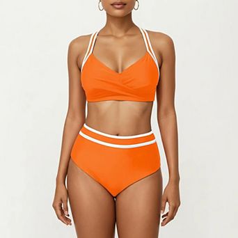 Women's 2 pc Set Contrast Trim Bikini Top with High Waisted Bottom Swim Set