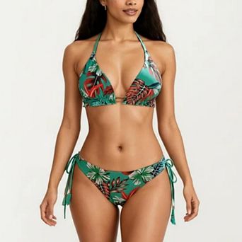 Women's 2 pc Halter Bikini Set with Tropical Print and Tie Side Bottom