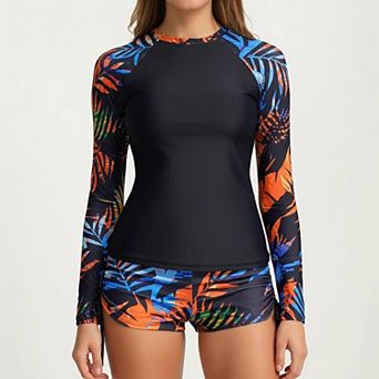 Women's 2 pc Long Sleeve Rash Guard Swim Set with Printed Sleeves and Drawstring Shorts