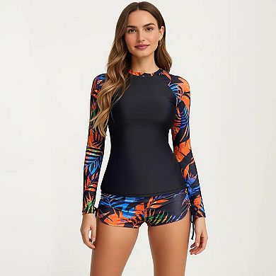 Women's 2-Piece Long Sleeve Rash Guard Swim Set with Printed Sleeves and Drawstring Shorts