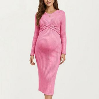 Women's Ribbed Knit Long Sleeve Midi Maternity Dress with Twist Front Detail and Bodycon Silhouette