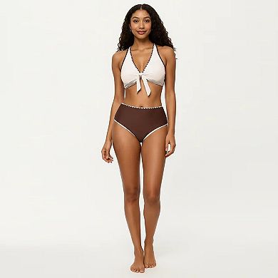 Women's 2-Piece Set Tie Front Bikini Top with Scalloped Trim and High Waisted Bottom