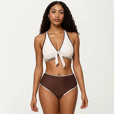 Women's 2-Piece Set Tie Front Bikini Top with Scalloped Trim and High Waisted Bottom