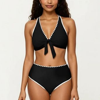 Women's 2 pc Set Tie Front Bikini Top with Scalloped Trim and High Waisted Bottom