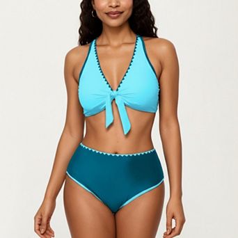 Women's 2 pc Set Tie Front Bikini Top with Scalloped Trim and High Waisted Bottom