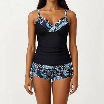Women's 2 pc Tankini Swimsuit Set with Paisley Print Boyshort Bottoms and V-Neck Top