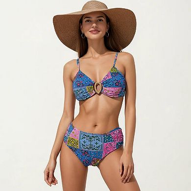 Women's 2-Piece High Waisted Bikini Set with Ring Detail Top and Patchwork Print