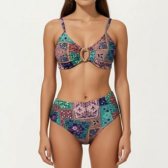 Women's 2 pc High Waisted Bikini Set with Ring Detail Top and Patchwork Print