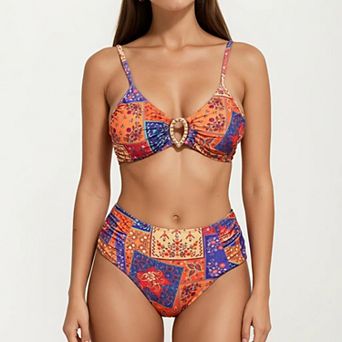 Women's 2 pc High Waisted Bikini Set with Ring Detail Top and Patchwork Print