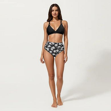 Women's 2-Piece High Waisted Bikini Set with Ring Strap Top and Palm Print Bottom