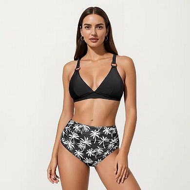 Women's 2-Piece High Waisted Bikini Set with Ring Strap Top and Palm Print Bottom