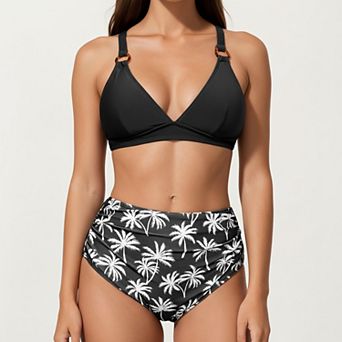 Women's 2 pc High Waisted Bikini Set with Ring Strap Top and Palm Print Bottom