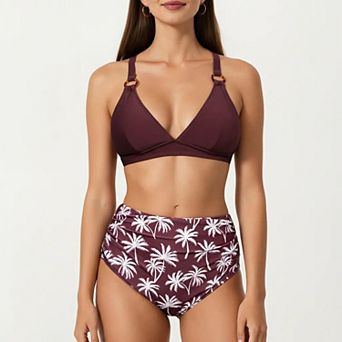 Women's 2 pc High Waisted Bikini Set with Ring Strap Top and Palm Print Bottom