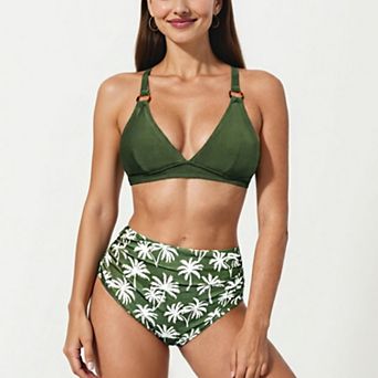 Women's 2 pc High Waisted Bikini Set with Ring Strap Top and Palm Print Bottom