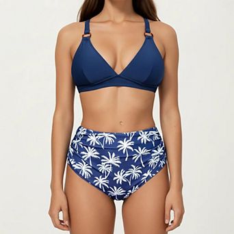 Women's 2 pc High Waisted Bikini Set with Ring Strap Top and Palm Print Bottom