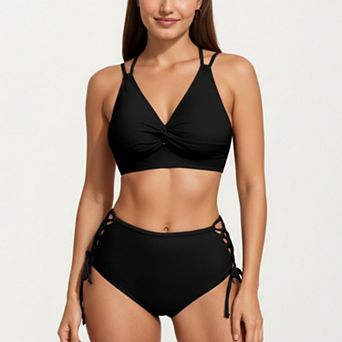 Women's 2 pc Set Twist Front Bikini Top with Lace Up High Waisted Bottom