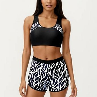 Women's 2 pc Sport Bikini Set with Scoop Neck Crop Top and Printed Swim Shorts