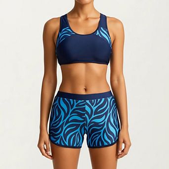 Women's 2 pc Sport Bikini Set with Scoop Neck Crop Top and Printed Swim Shorts