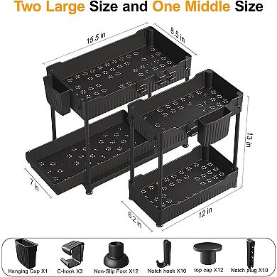 3-Pack 2-Tier Under Sink Organizer with Sliding Drawer 12.8"/14.8"