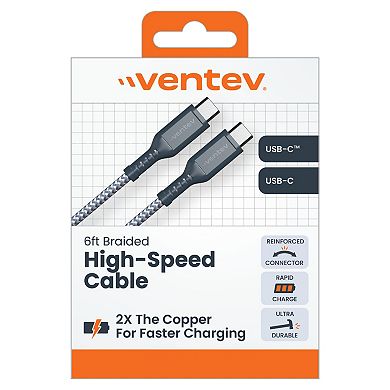 Ventev - High Speed USB C to USB C Braided Cable with 2x the Copper for Faster Charging 6ft - Gray