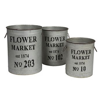 Hello Honey Decorative Metal Buckets with "Flower Market", Distressed Silver, Set of 3 Sizes