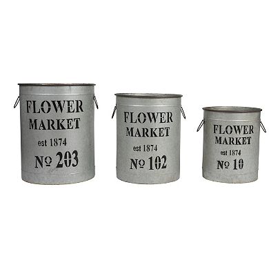 Hello Honey Decorative Metal Buckets with "Flower Market", Distressed Silver, Set of 3 Sizes