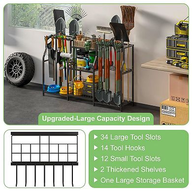 Heavy-Duty 3-Tier Tri-Sided Garden Tool Rack with Hooks & Basket 48.4"