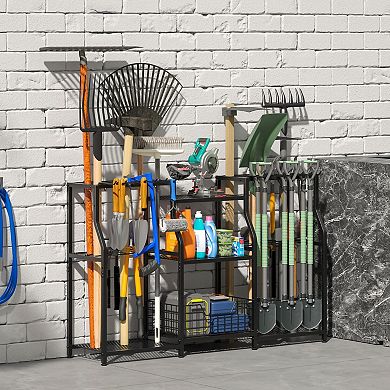 Heavy-Duty 3-Tier Tri-Sided Garden Tool Rack with Hooks & Basket 48.4"
