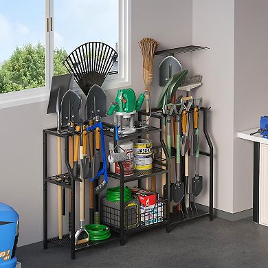 Heavy-Duty 3-Tier Tri-Sided Garden Tool Rack with Hooks & Basket 48.4"