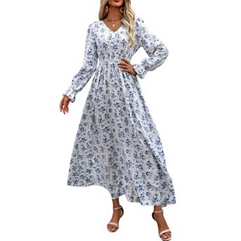 Women V Neck A Line Maxi Dress Long Sleeves Casual Spring Beach Swing Dresses
