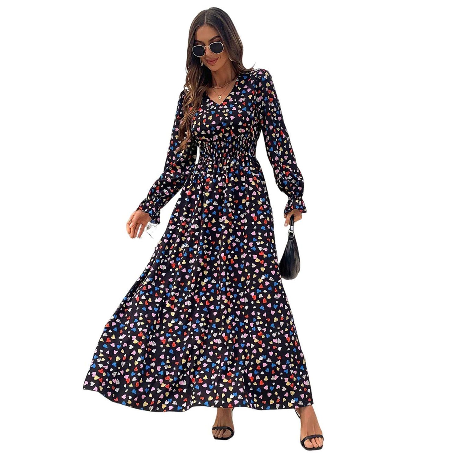 Женские платья Women V Neck A Line Maxi Dress Long Sleeves Casual Spring Beach Swing Dresses