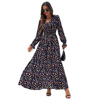 Women V Neck A Line Maxi Dress Long Sleeves Casual Spring Beach Swing Dresses
