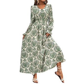 Women V Neck A Line Maxi Dress Long Sleeves Casual Spring Beach Swing Dresses