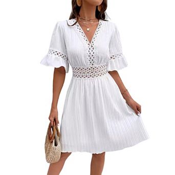 Short Sleeve Dress for Women V Neck Empire Waist Vintage Hollow Lace Tunic Casual Comfy Dresses