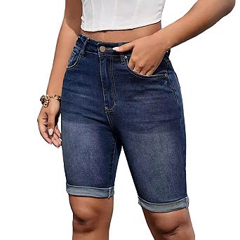 Women's High Rise Denim Bermuda Rolled Hem Classic Denim Shorts