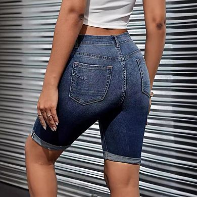 Women's High Rise Denim Bermuda Rolled Hem Classic Denim Shorts