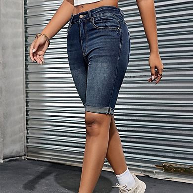 Women's High Rise Denim Bermuda Rolled Hem Classic Denim Shorts