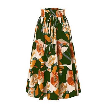 Women's Tiered Midi Skirt Floral Causal Elastic Smocked Waist for Casual Going Out Wear