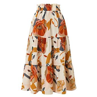 Women's Tiered Midi Skirt Floral Causal Elastic Smocked Waist for Casual Going Out Wear
