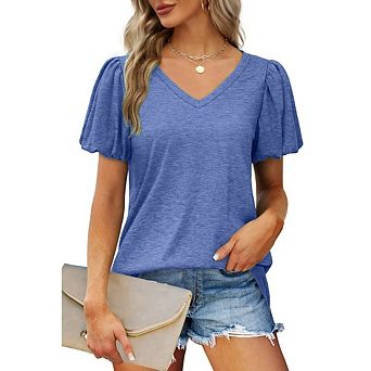 Women's V-Neck Puff Short Sleeve T-Shirt for Casual & Dressy Office Wear