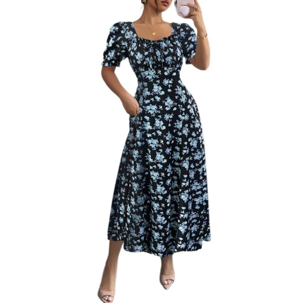 Женские платья Floral Midi Dress Square Neck Puff Sleeves Tie Front for Casual Vacation Wear