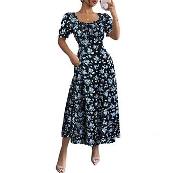 Women's Floral Midi Dress Square Neck Puff Sleeves Tie Front for Casual Vacation Wear