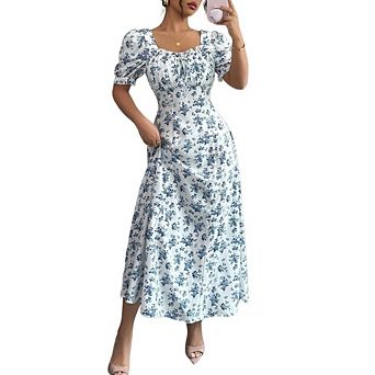 Women's Floral Midi Dress Square Neck Puff Sleeves Tie Front for Casual Vacation Wear