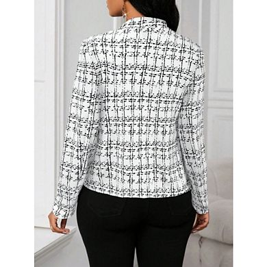 Women's Tweed Blazer Long Sleeve Jacket Slim Fit Office Business Suit with Pockets