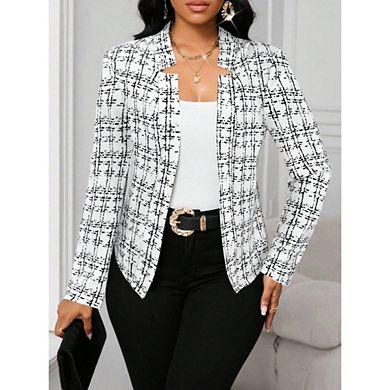 Women's Tweed Blazer Long Sleeve Jacket Slim Fit Office Business Suit with Pockets