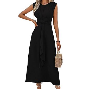 Women's Sleeveless Midi Dress Tie Waist Ruched Bodice for Dressy Casual Cocktail Party