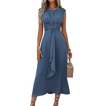 Women's Sleeveless Midi Dress Tie Waist Ruched Bodice for Dressy Casual Cocktail Party