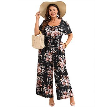 Women Plus Size Floral Square Neck Short Sleeve Wide Leg Jumpsuit Smocked Waist Boho Romper
